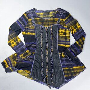 Vintage Abstract Dress | Y2k Mesh Mini Dress with Ruffles & Asymmetrical Hem